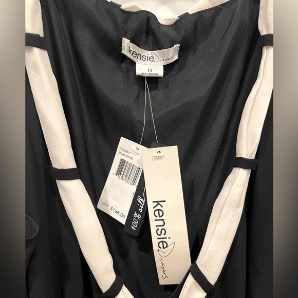 NWT - KENSIE BLACK SILK DRESS W/OFF WHITE RUFFLE HEM AND TIE AT NECK - SIZE 12 - Picture 3 of 4